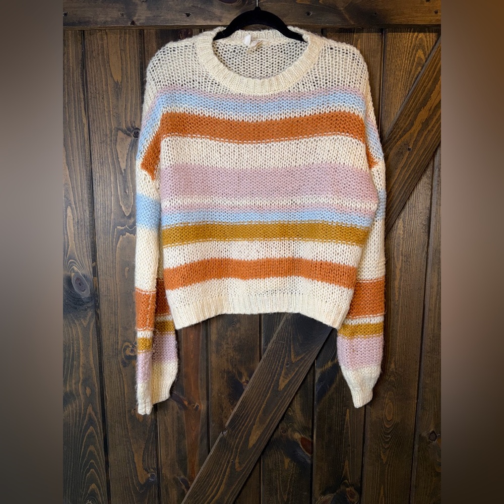 Fantastic Fawn Striped Crew Neck Sweater Pastel Color Block Knit Pullover